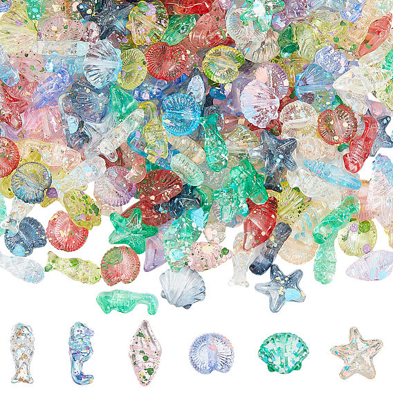300Pcs Ocean Theme Baking Paint Handmade Lampwork Beads, Mixed Shapes