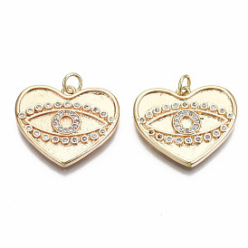 Brass Micro Pave Clear Cubic Zirconia Pendants, Nickel Free, Heart with Eye
