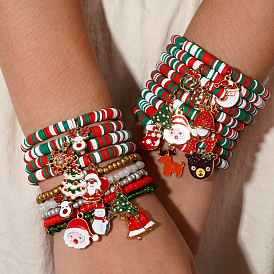 4Pcs Christmas Santa Snowman Gloves Charm Bracelets, Soft Clay Heishi Stretch Beaded Bracelet Sets