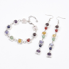 Natural Gemstone Jewelry Sets, Bracelets & Earrings, with Brass Findings and Tibetan Style Bead Frames, Square