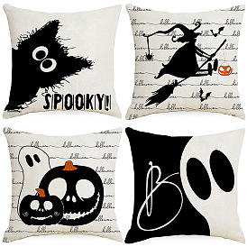 Halloween Throw Pillow Cover Home Sofa Cushion Black and White Linen Witch Print Cushion Cover