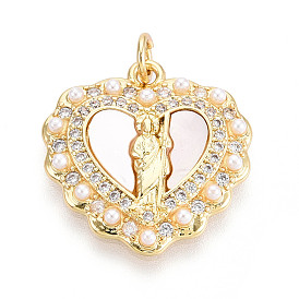 Латунные микропаве прозрачные подвески с фианитом, без кадмия и без свинца, сердце со святым иудой, с ракушкой и имитацией жемчуга из АБС, с целью перехода в кольце