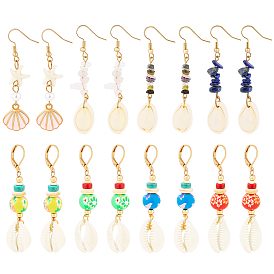 8 пары 8 цвета натуральные серьги-подвески и серьги-кольца из ракушек, с бусинами из драгоценных камней и крючком из сплава., формы раковины, золотые