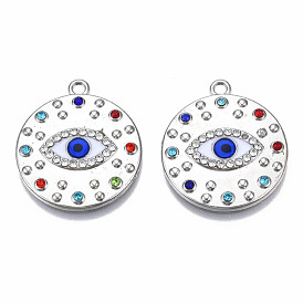 Rack Plating Alloy Enamel Pendants, with Colorful Rhinestone, Cadmium Free & Nickel Free & Lead Free, Flat Round with Evil Eye Charms