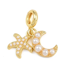 Латунные европейские подвески в виде морской звезды и луны, подвески с большими отверстиями и искусственным жемчугом из АБС-пластика, стойки покрытие, долговечный, без кадмия и без свинца, белые