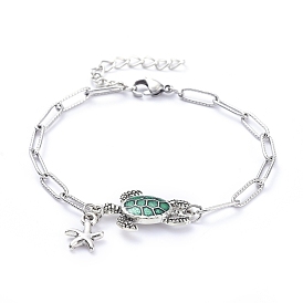 Charm Bracelets, with Alloy Starfish Charms and Alloy Enamel Sea Turtle Links, 304 Stainless Steel Paperclip Chains and Lobster Claw Clasps