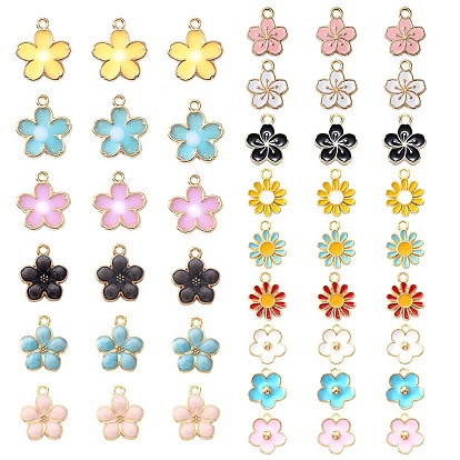 75Pcs 15 Style Light Gold Plated Alloy Enamel Pendants, Flower