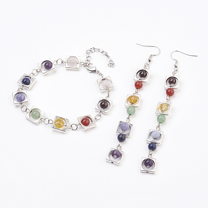 Natural Gemstone Jewelry Sets, Bracelets & Earrings, with Brass Findings and Tibetan Style Bead Frames, Square