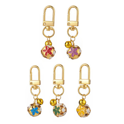 5Pcs 5 Colors Iron Enamel Pendant Swivel Bell Keychains, Round with Flower Pattern, Mixed Color