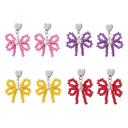 Сердце с бантом, подвесные серьги-гвоздики из бисера ручной работы из стекла, с 304 серьгами из нержавеющей стали, цвет нержавеющей стали