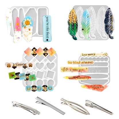 4Pcs 4 Style Mixed Shapes Silicone Hair Clip Molds, with 40Pcs Iron Alligator Hair Clip Findings, for DIY Hair Accessories Making