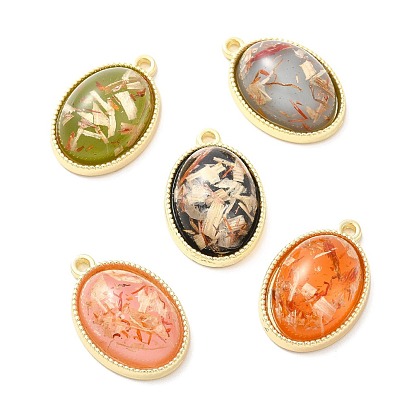 Resin Foil Pendants, with Light Gold Tone Alloy Findings, Oval