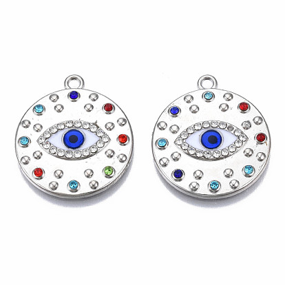 Rack Plating Alloy Enamel Pendants, with Colorful Rhinestone, Cadmium Free & Nickel Free & Lead Free, Flat Round with Evil Eye Charms