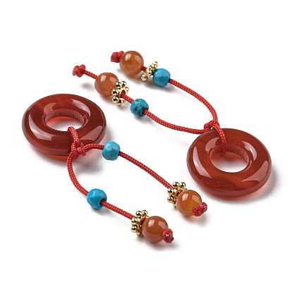Natural Red Agate Donut Pendants, Ring Charms with Faceted Synthetic Turquoise Tassel