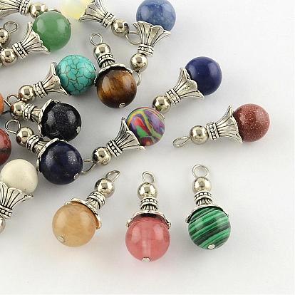 Gemstone Pendants, with Alloy Findings, Antique Silver, Snowcone