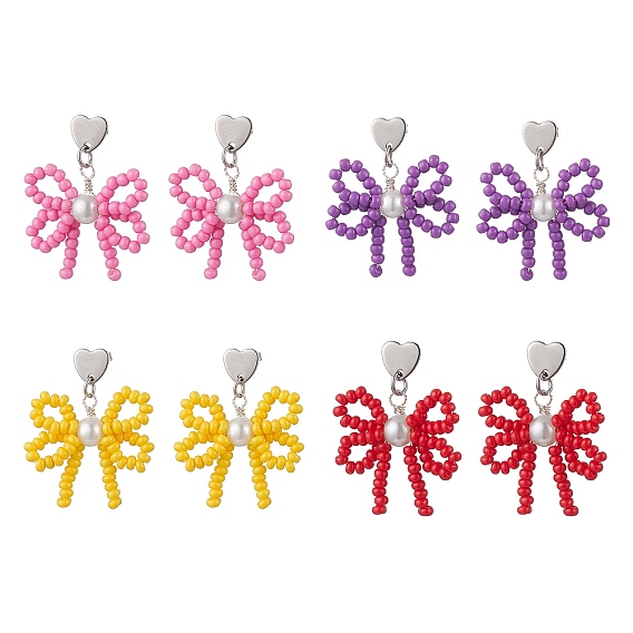 Сердце с бантом, подвесные серьги-гвоздики из бисера ручной работы из стекла, с 304 серьгами из нержавеющей стали, цвет нержавеющей стали