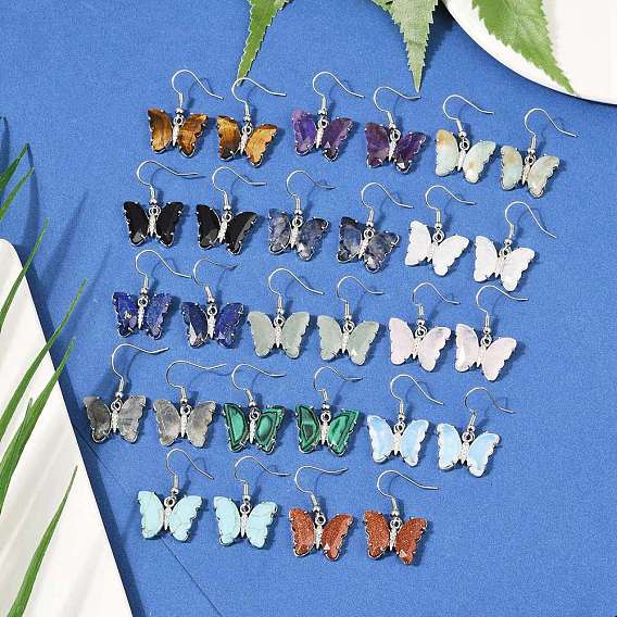 Серьги-подвески из латуни с натуральными драгоценными камнями, стойки покрытие, без свинца и без кадмия, платина, бабочка