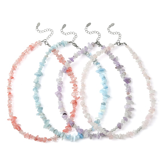 Кусочки натуральных смешанных драгоценных камней, украшенные бисером, колье из нержавеющей стали, для женщин