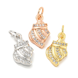 Rack Plating Brass Micro Pave Clear Cubic Zirconia Pendants, Long-Lasting Plated, with Jump Rings, Lead Free & Cadmium Free, Conch