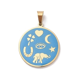 304 Stainless Steel Pendants, with Enamel, Golden, Flat Round with Eye & Elephant
