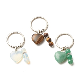 Natural & Synthetic Gemstone Keychain, with Iron Split Key Rings, Heart