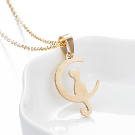 Minimalist Stainless Steel Cat Pendant Necklace with Moon Charm - European Style Pet Jewelry