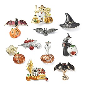 Alloy Glass Rhinestone Brooches, Enamel Pins, for Halloween, Pumpkin/Bat/Cat