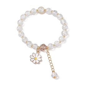 8mm Round Crackle Glass Beaded Stretch Bracelets, Imitation Austrian Crystal & Alloy Enamel Flower Charm Bracelets for Woman