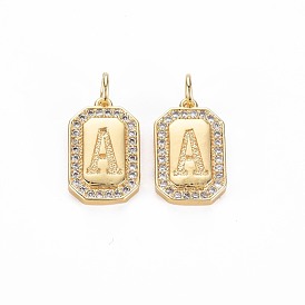 Brass Micro Pave Clear Cubic Zirconia Pendants, Nickel Free, Real 18K Gold Plated, Rectangle with Letter