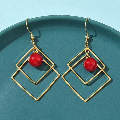 Серьги-подвески из гальванизированной латуни с имитацией жемчуга, ромб