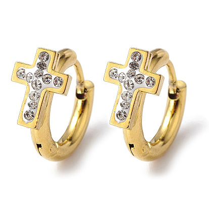 Crystal Rhinestone Cross Hoop Earrings, Vacuum Plating 202 Stainless Steel Earrings with 304 Stainless Steel Pins for Women