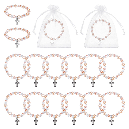 6шт. браслеты с подвесками в виде креста из сплава, стеклянные жемчужины круглые бусины эластичные браслеты для женщин