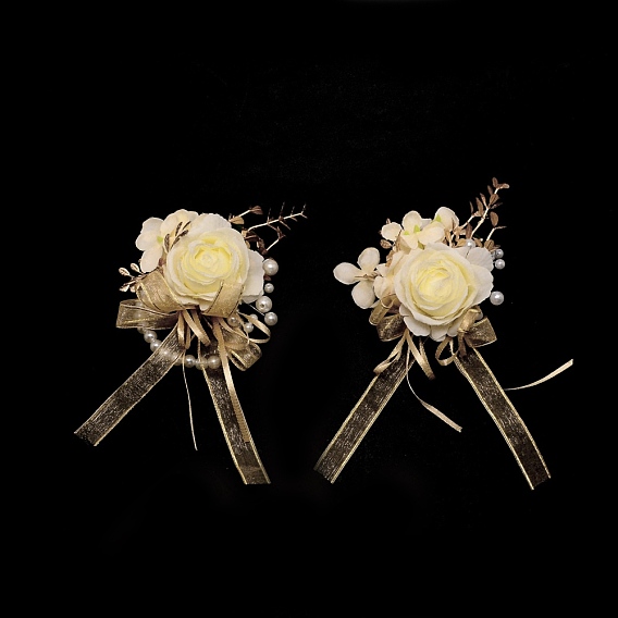 Silk Ribbon Wrist & Brooch, with Silk Cloth Imitation Flower and Imitation Pearl Stretch Bracelets, for Wedding, Party Decorations