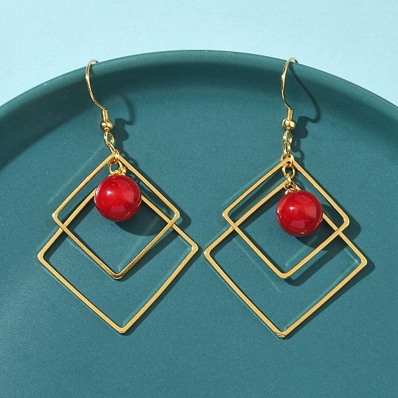 Серьги-подвески из гальванизированной латуни с имитацией жемчуга, ромб