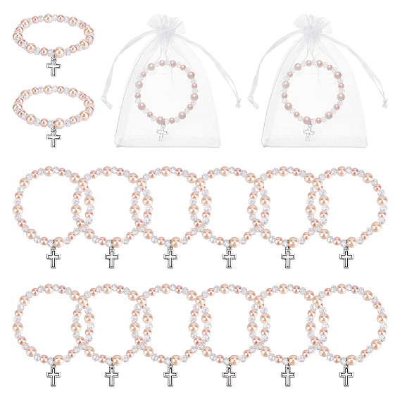 6шт. браслеты с подвесками в виде креста из сплава, стеклянные жемчужины круглые бусины эластичные браслеты для женщин