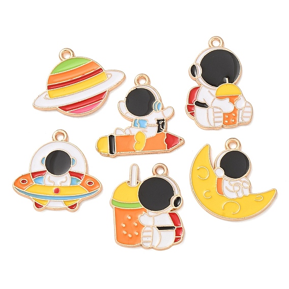 Alloy with Enamel Pendants, Astronaut & Planet Charms, Golden