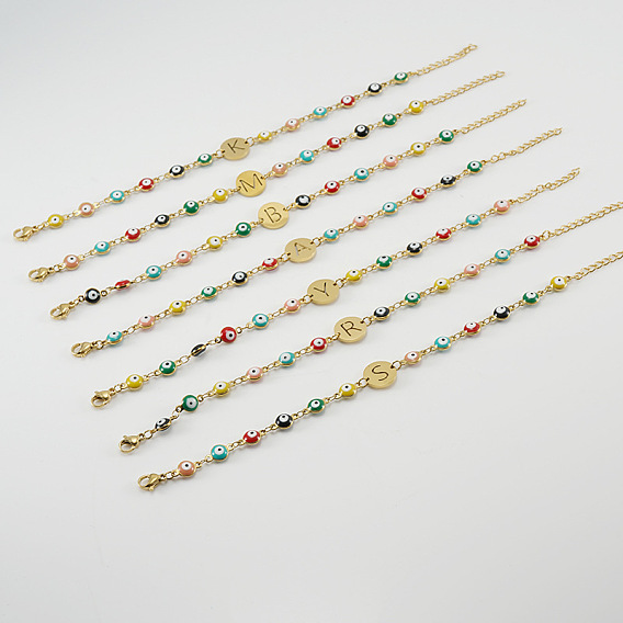 Красочные 304 браслеты из нержавеющей стали с плоскими круглыми звеньями и эмалью в виде «злого глаза», Браслеты с подвесками в виде букв для женщин, золотые, реальный 18 k позолоченный