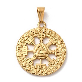 Vacuum Plating 304 Stainless Steel Pendants, Long-Lasting Plated, Flat Round with Vegvisir & Valknut Charm