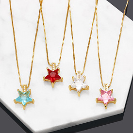 Colorful CZ Star Pendant Necklace for Women, Minimalist Design with Five-pointed Star Charm