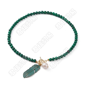 Alloy Feather Pendant Necklaces, with Synthetic Malachite Round Beads, Natural Pearl Pendants and 304 Stainless Steel Toggle Clasps