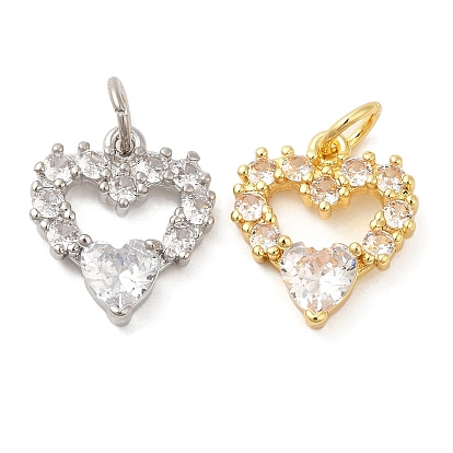 Rack Plating Brass Micro Pave Clear Cubic Zirconia Pendants, with Jump Ring, Long-Lasting Plated, Lead Free & Cadmium Free, Heart Charm