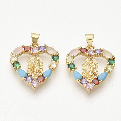 Brass Micro Pave Cubic Zirconia Pendants, Heart with Virgin Mary, Colorful