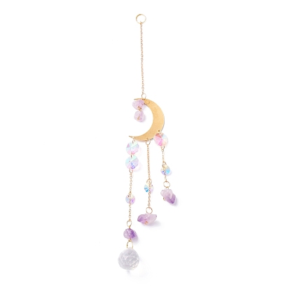 Hanging Crystal Aurora Wind Chimes, with Prismatic Pendant, Moon-shaped Iron Link and Natural Amethyst, for Home Window Lighting Decoration