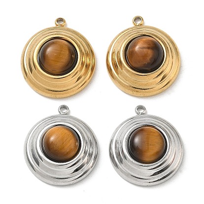 Природных тигровый глаз подвески, 304 Плоские круглые подвески из нержавеющей стали с оправой