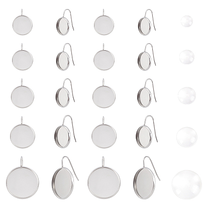 40 piezas 5 estilos planos y redondos 304 ajustes de ganchos para aretes de acero inoxidable, con 40 piezas de cabujones de vidrio transparente, para kits de fabricación de aretes