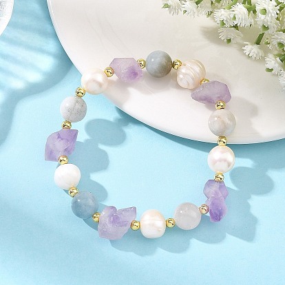 Pulseras elásticas con cuentas de pepitas de amatista y aguamarina naturales en bruto., con perla natural de patata, dorado