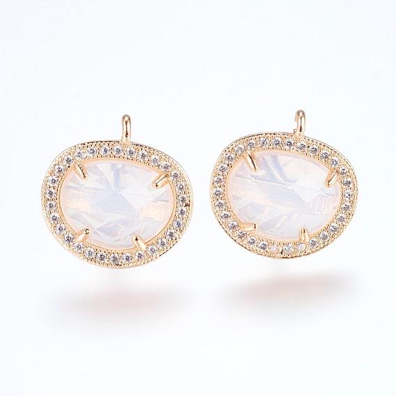 Brass Micro Pave Cubic Zirconia Stud Earring Findings, with Loop, Glass, Imitation Opalite, Oval, Golden