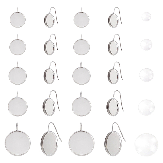 40Pcs 5 Styles Flat Round 304 Stainless Steel Earring Hooks Settings, with 40Pcs Transparent Glass Cabochons, for DIY Earring Making Kits