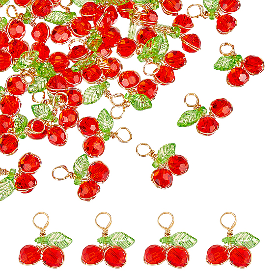 30шт. подвески из вишневого стекла, с медной проволокой светло-золотистого цвета и акрилом, граненый(32 граненый)