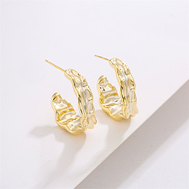 14K Gold Wave Geometric Earrings with Irregular Pattern and 925 Silver Needle